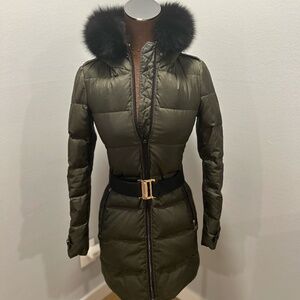 Burberry Down Feather Coat, Olive Green, with detachable Fox Trim, Size 2